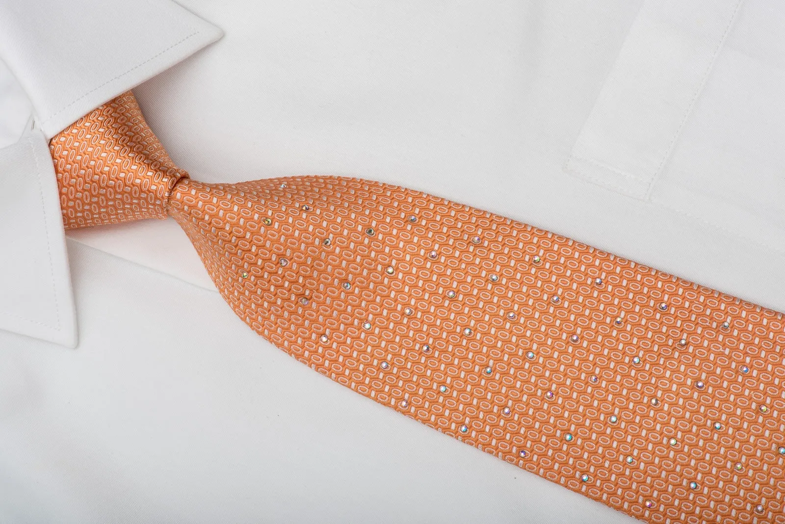 Indian Homme Men's Silk Tie Geometric On Orange Sparkling With Rhinestones