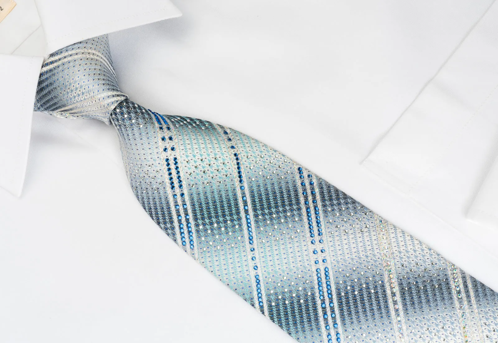 Indian Leaders Silk Tie Rhinestone Stripes On Blue Gray With Silver Sparkles