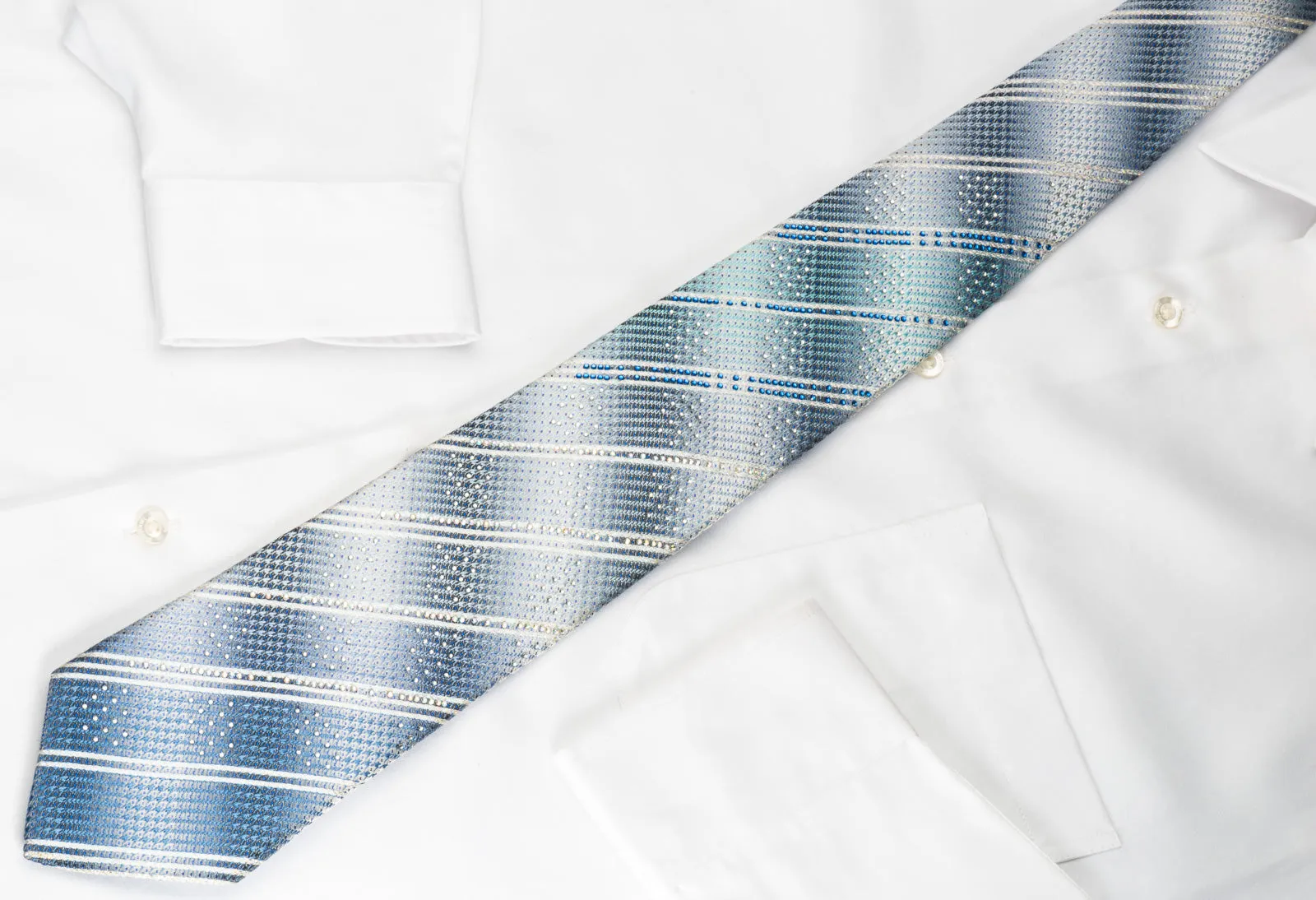 Indian Leaders Silk Tie Rhinestone Stripes On Blue Gray With Silver Sparkles