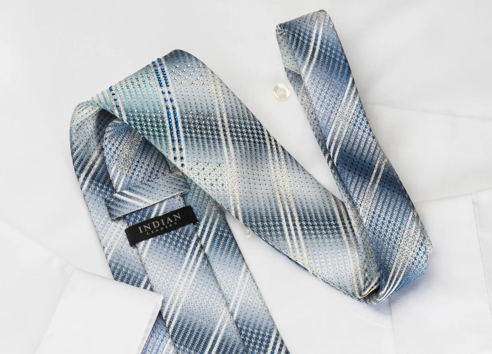 Indian Leaders Silk Tie Rhinestone Stripes On Blue Gray With Silver Sparkles