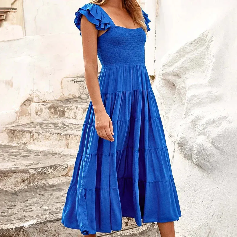 Lady New Party Square Beach Floral Summer Collar Bohemian Short Print Elegant Sleeve Dress