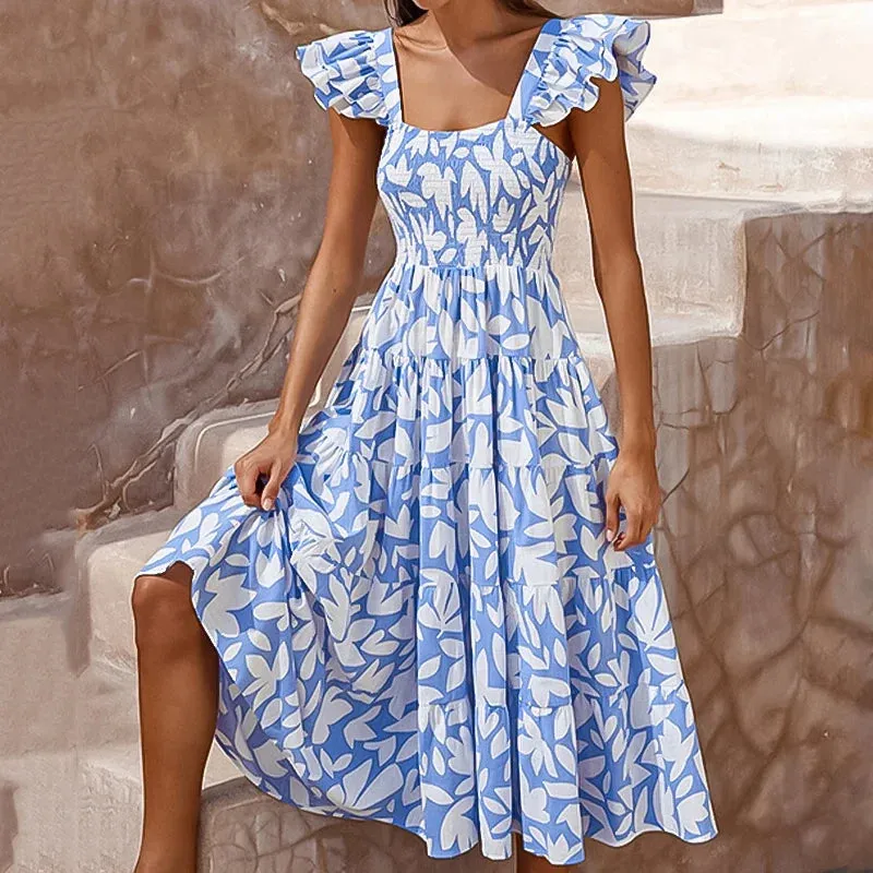 Lady New Party Square Beach Floral Summer Collar Bohemian Short Print Elegant Sleeve Dress