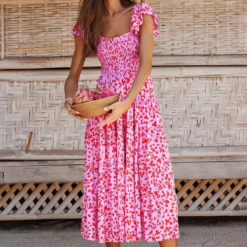 Lady New Party Square Beach Floral Summer Collar Bohemian Short Print Elegant Sleeve Dress