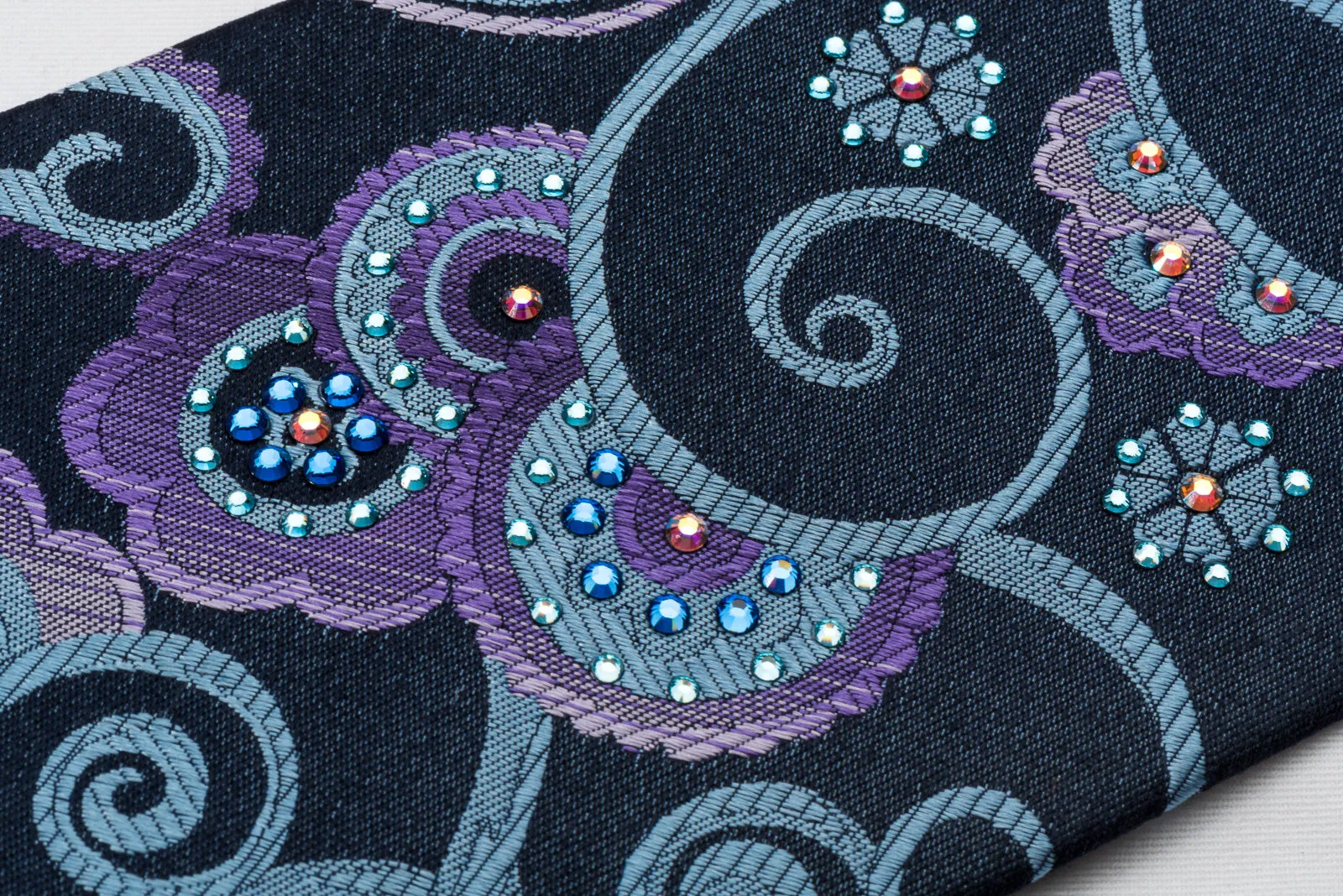 Lancetti Woven Silk Necktie Stylish Floral On Blue With Clear Blue White Crystal Rhinestones