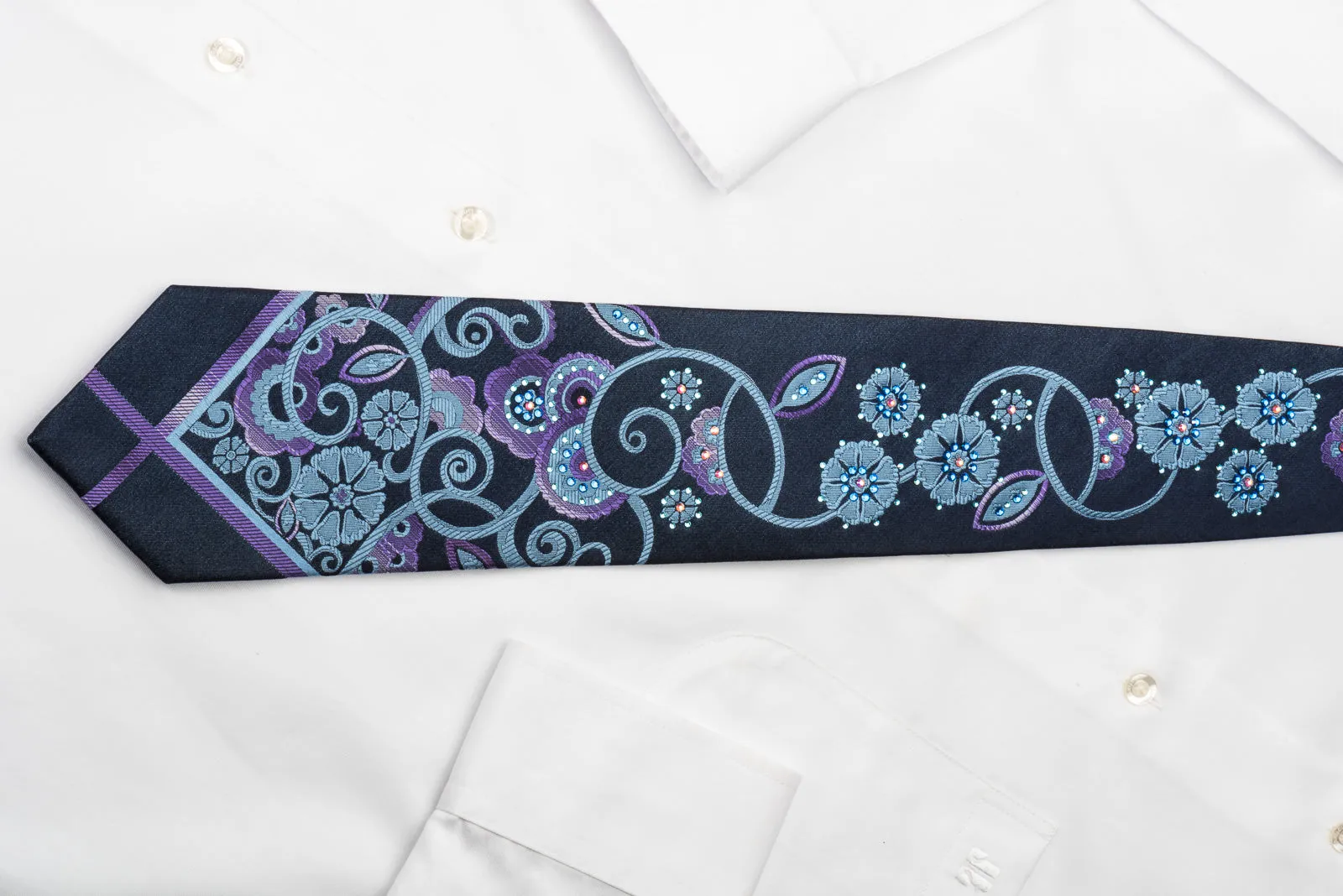Lancetti Woven Silk Necktie Stylish Floral On Blue With Clear Blue White Crystal Rhinestones