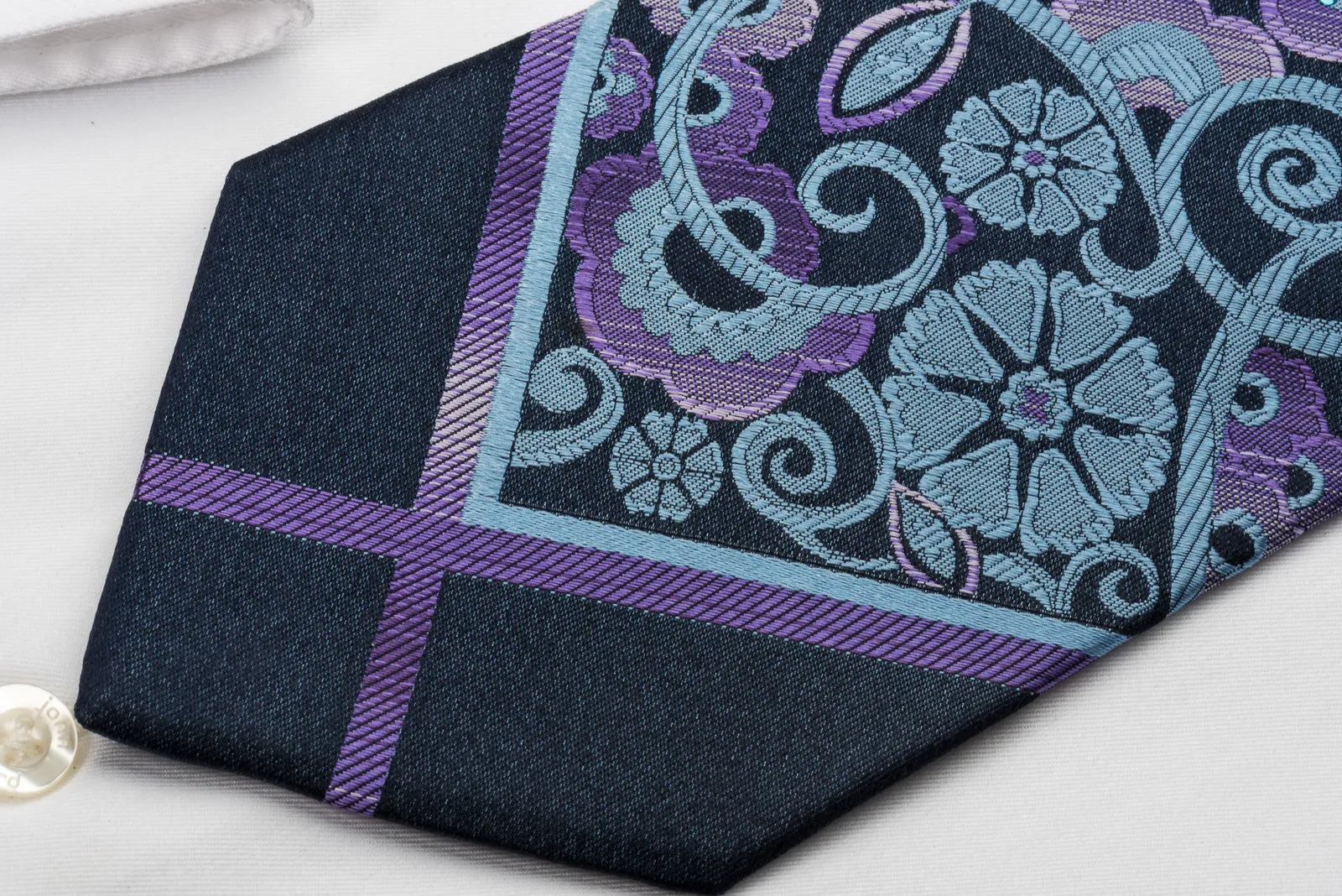 Lancetti Woven Silk Necktie Stylish Floral On Blue With Clear Blue White Crystal Rhinestones