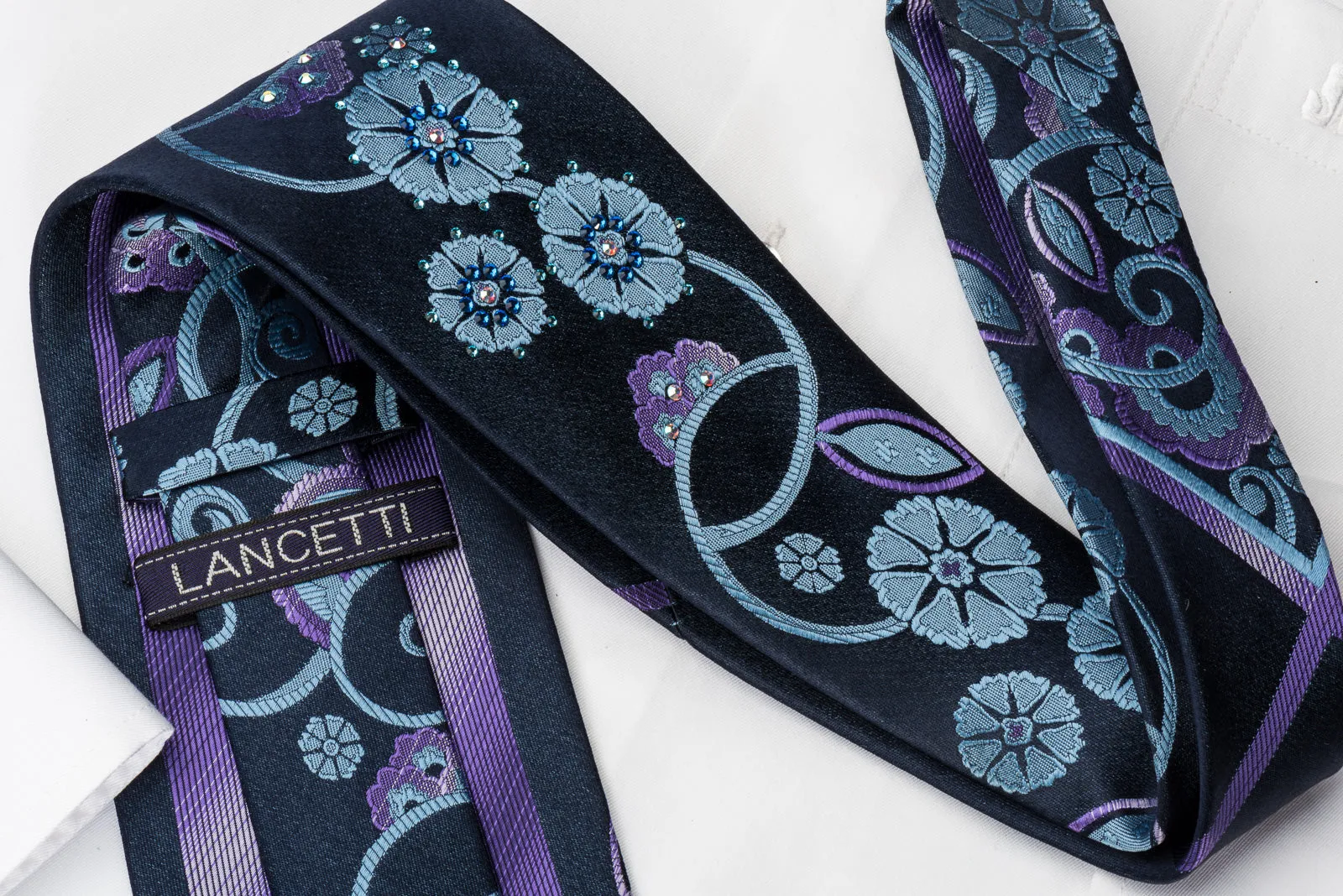 Lancetti Woven Silk Necktie Stylish Floral On Blue With Clear Blue White Crystal Rhinestones