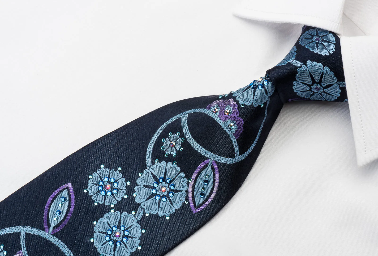 Lancetti Woven Silk Necktie Stylish Floral On Blue With Clear Blue White Crystal Rhinestones