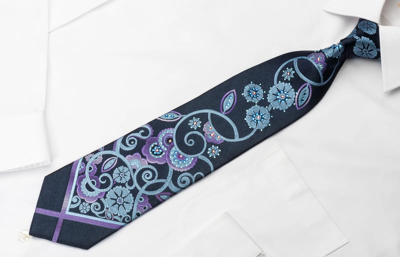 Lancetti Woven Silk Necktie Stylish Floral On Blue With Clear Blue White Crystal Rhinestones