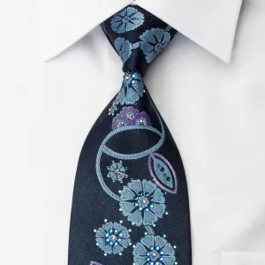 Lancetti Woven Silk Necktie Stylish Floral On Blue With Clear Blue White Crystal Rhinestones
