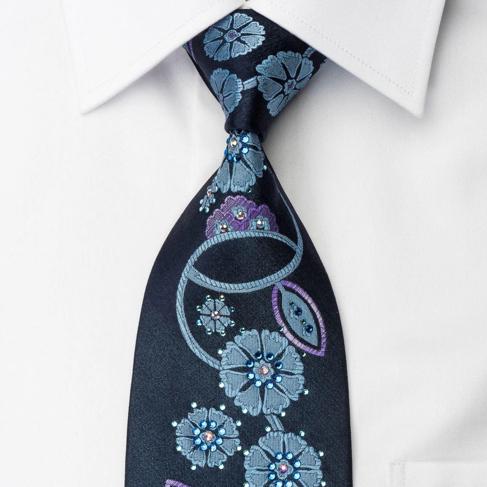 Lancetti Woven Silk Necktie Stylish Floral On Blue With Clear Blue White Crystal Rhinestones