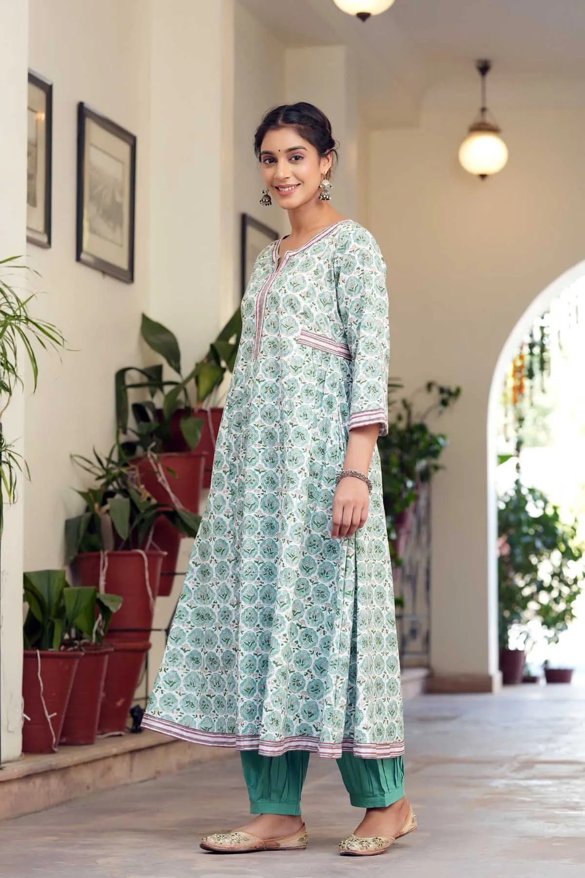 Long Length A-Line Kurta In Hand Block Cotton