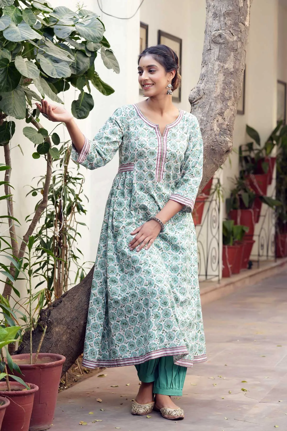 Long Length A-Line Kurta In Hand Block Cotton