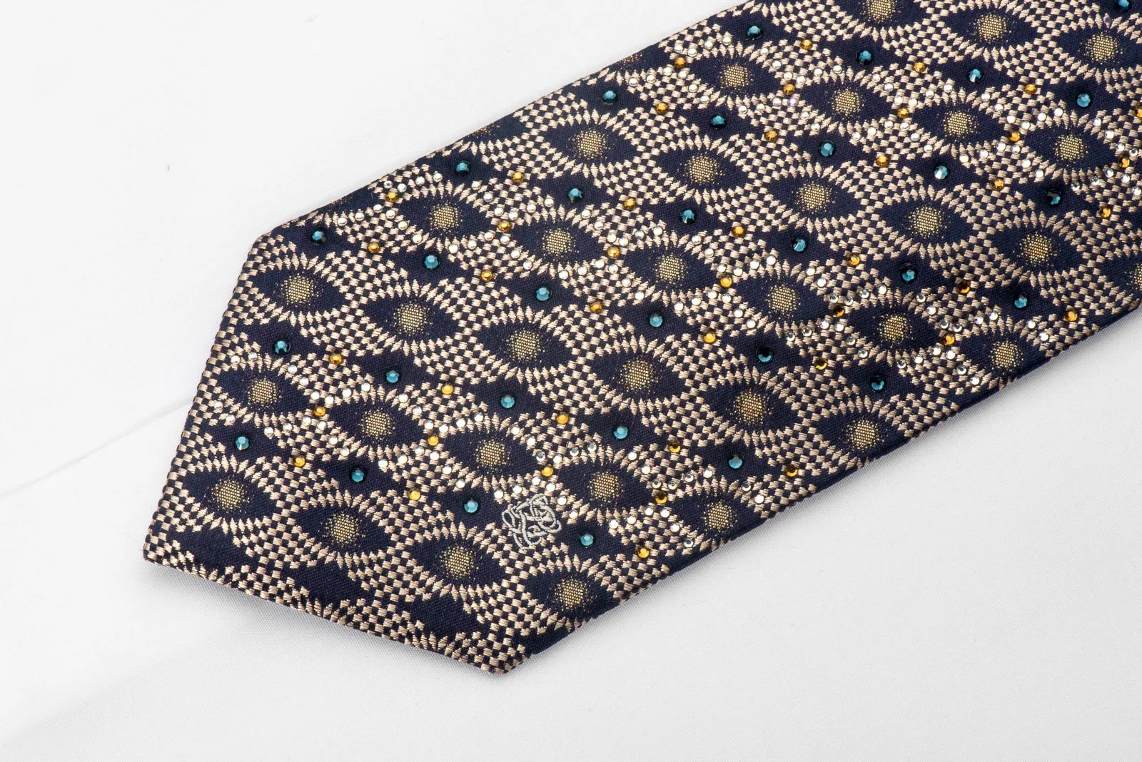 Louis Quatorze Men's Crystal Necktie Golden Geometric On Navy Silk with Gold Sparkle