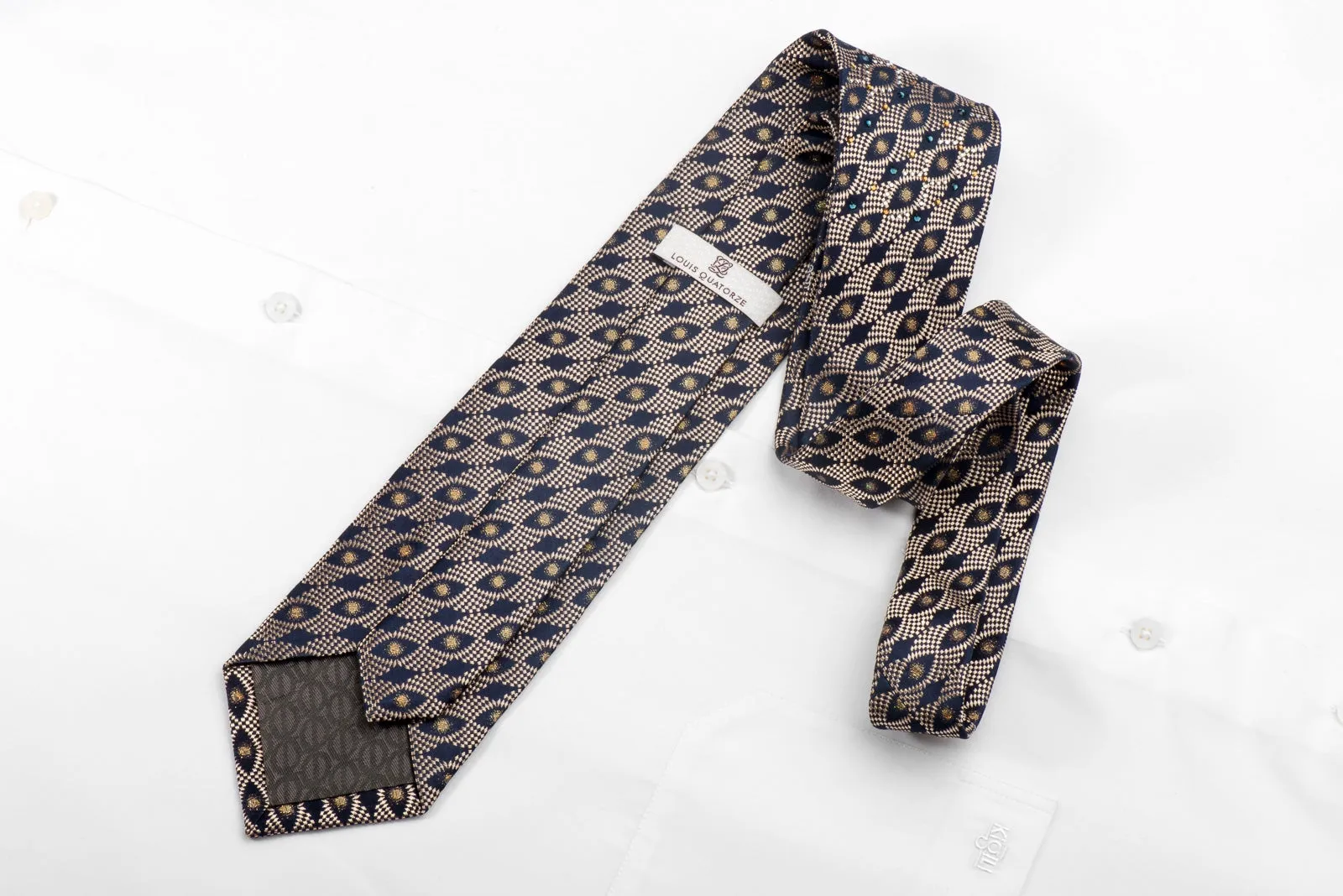 Louis Quatorze Men's Crystal Necktie Golden Geometric On Navy Silk with Gold Sparkle