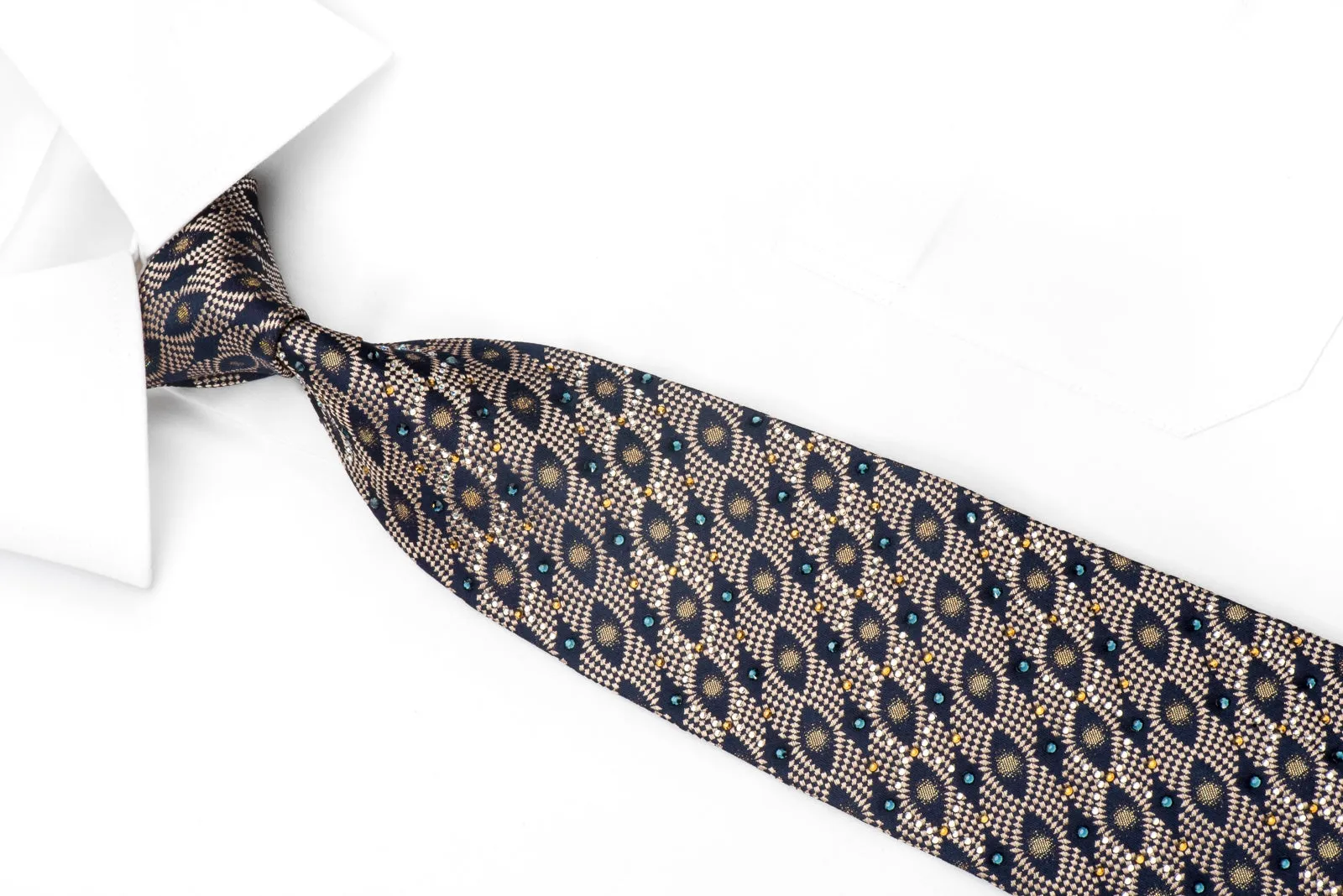 Louis Quatorze Men's Crystal Necktie Golden Geometric On Navy Silk with Gold Sparkle