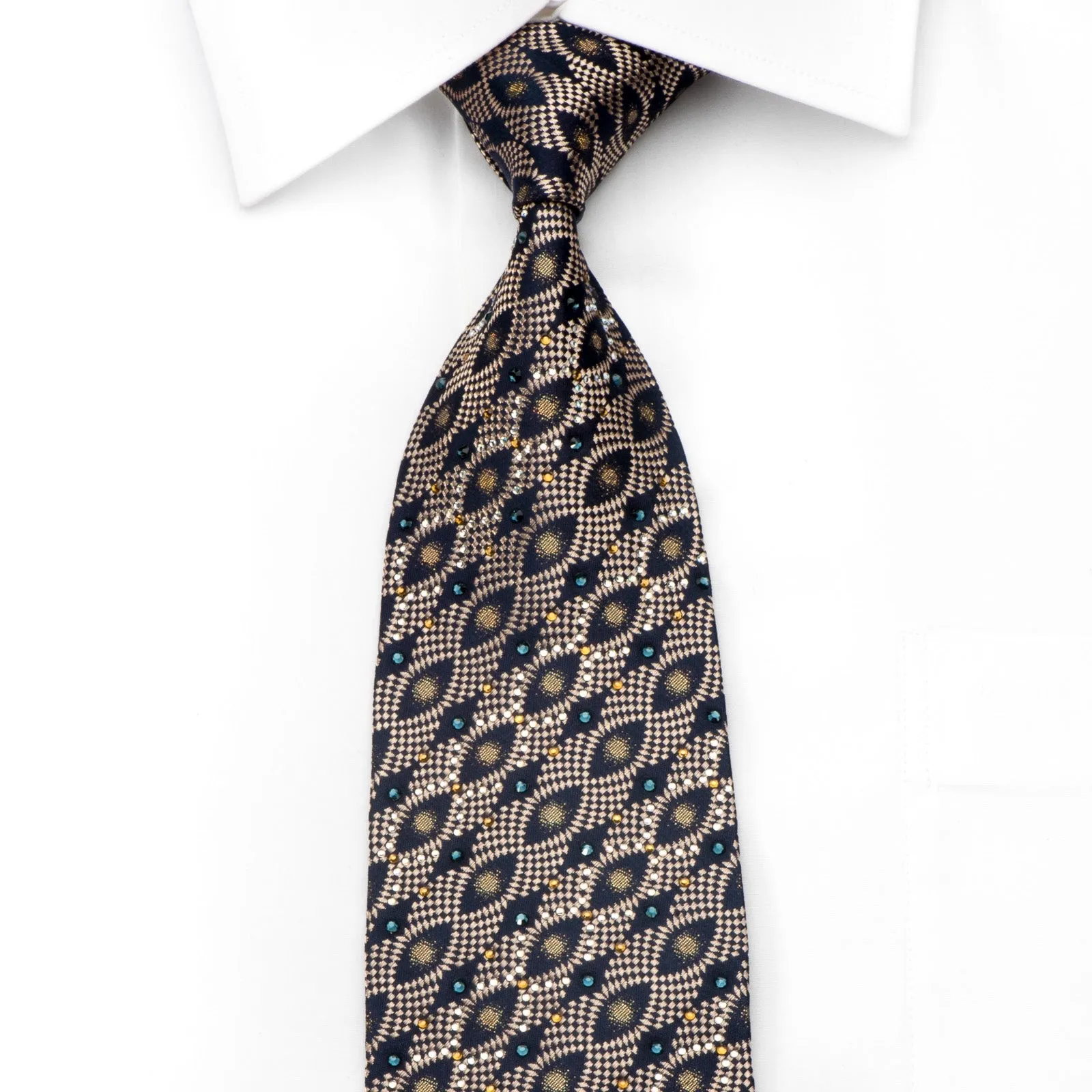 Louis Quatorze Men's Crystal Necktie Golden Geometric On Navy Silk with Gold Sparkle