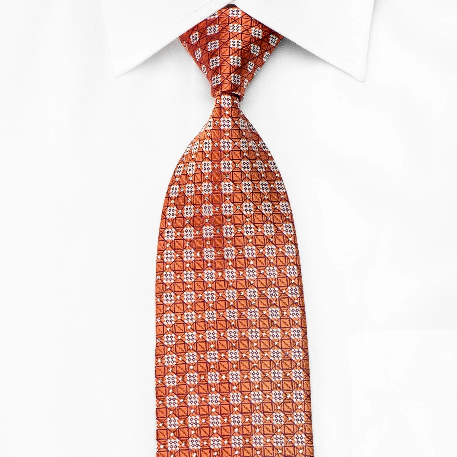 Louis Quatorze Men's Crystal Rhinestone Necktie Trellis On Orange With Silver Sparkles