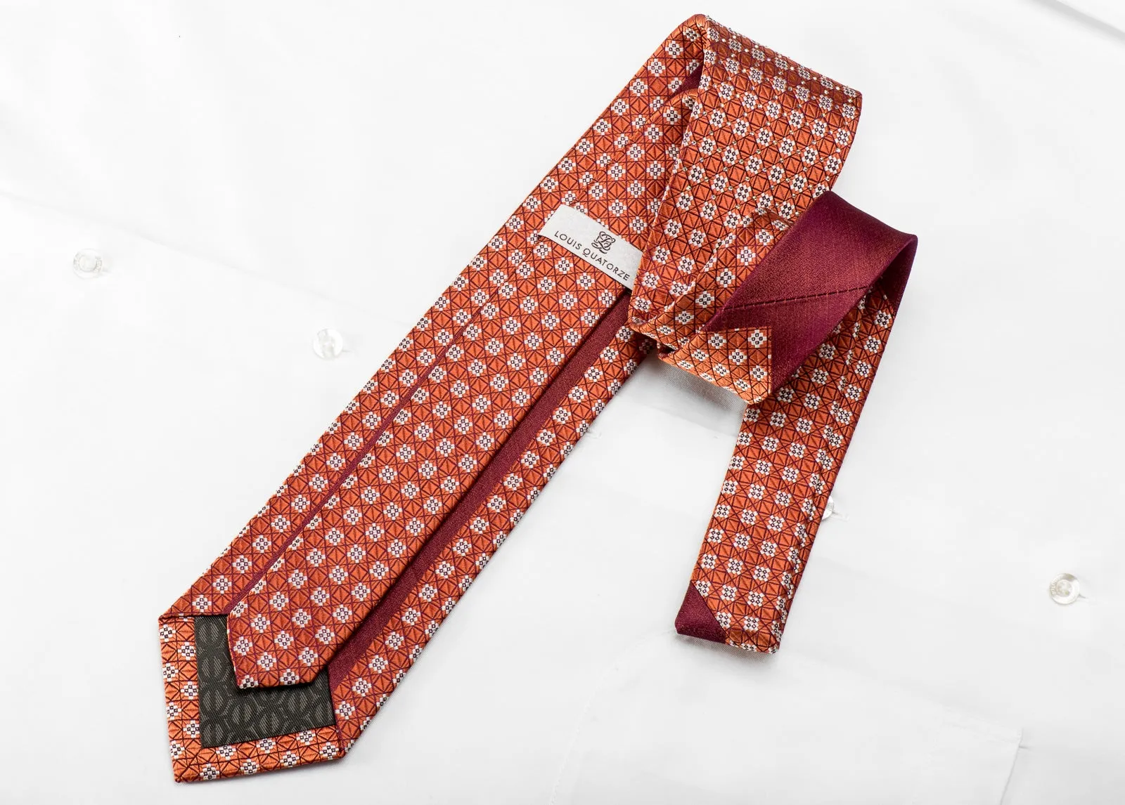 Louis Quatorze Men's Crystal Rhinestone Necktie Trellis On Orange With Silver Sparkles