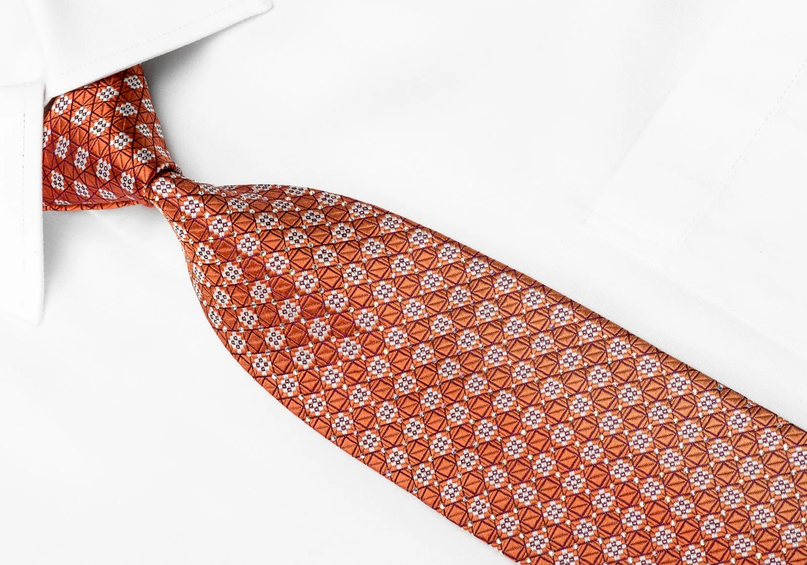 Louis Quatorze Men's Crystal Rhinestone Necktie Trellis On Orange With Silver Sparkles