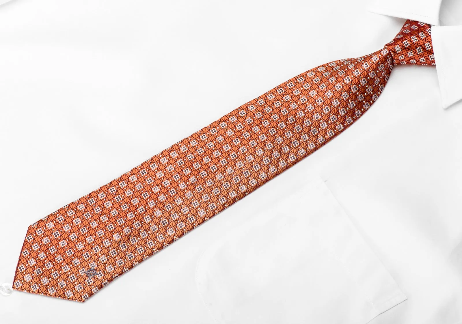 Louis Quatorze Men's Crystal Rhinestone Necktie Trellis On Orange With Silver Sparkles