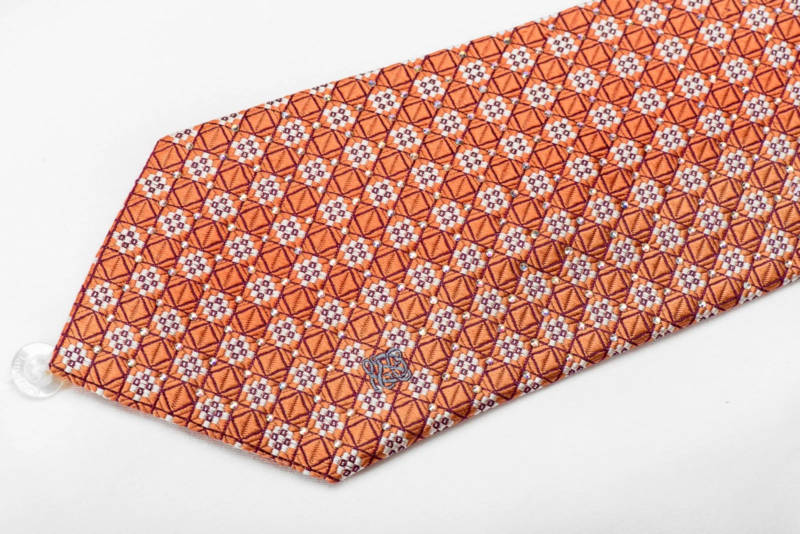 Louis Quatorze Men's Crystal Rhinestone Necktie Trellis On Orange With Silver Sparkles
