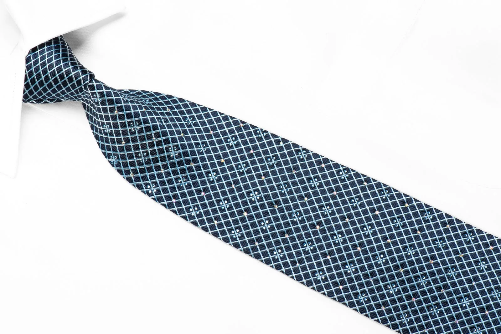 Louis Quatorze Men's Crystal Silk Necktie Trellis On Blue Sparkling With Rhinestones