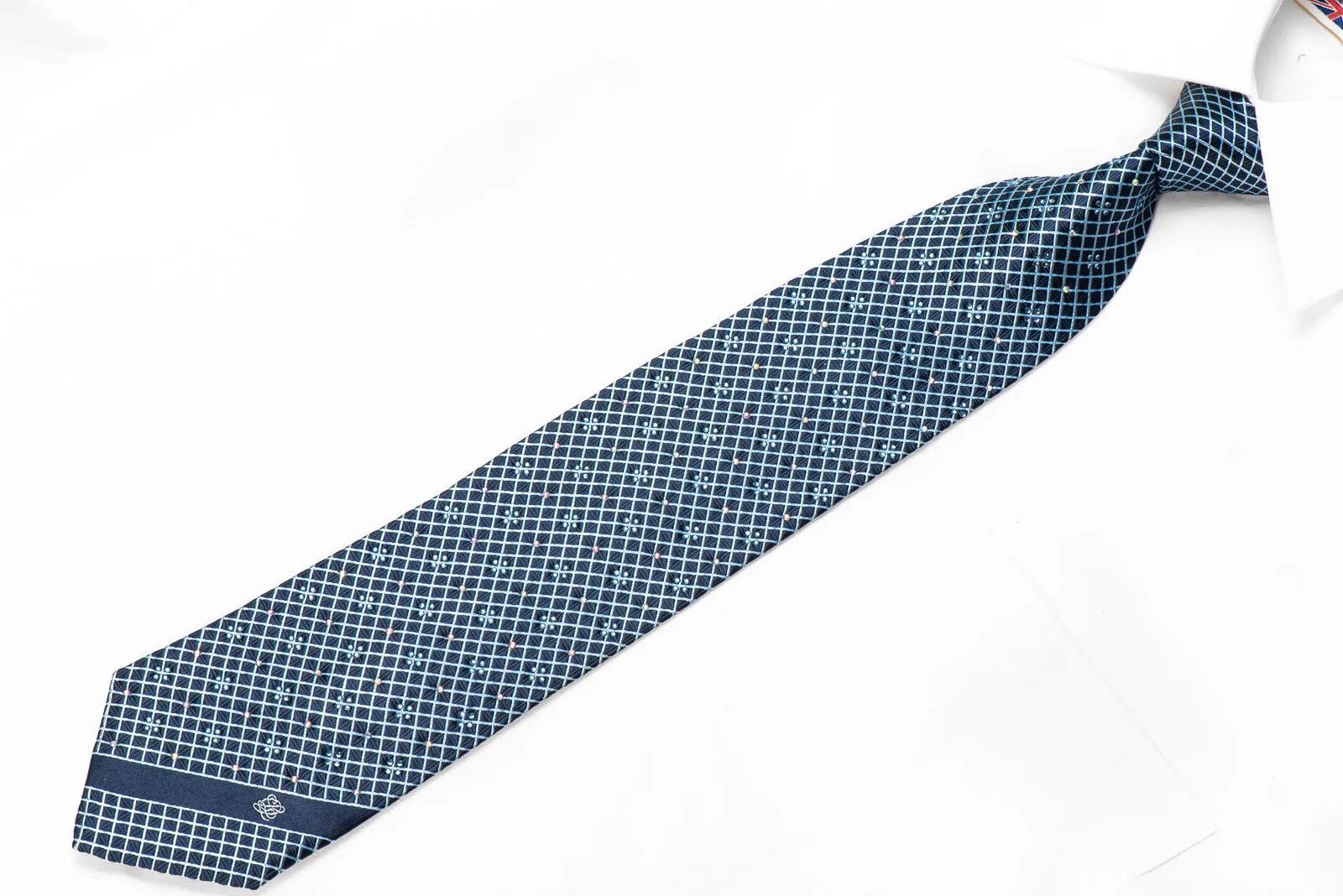 Louis Quatorze Men's Crystal Silk Necktie Trellis On Blue Sparkling With Rhinestones