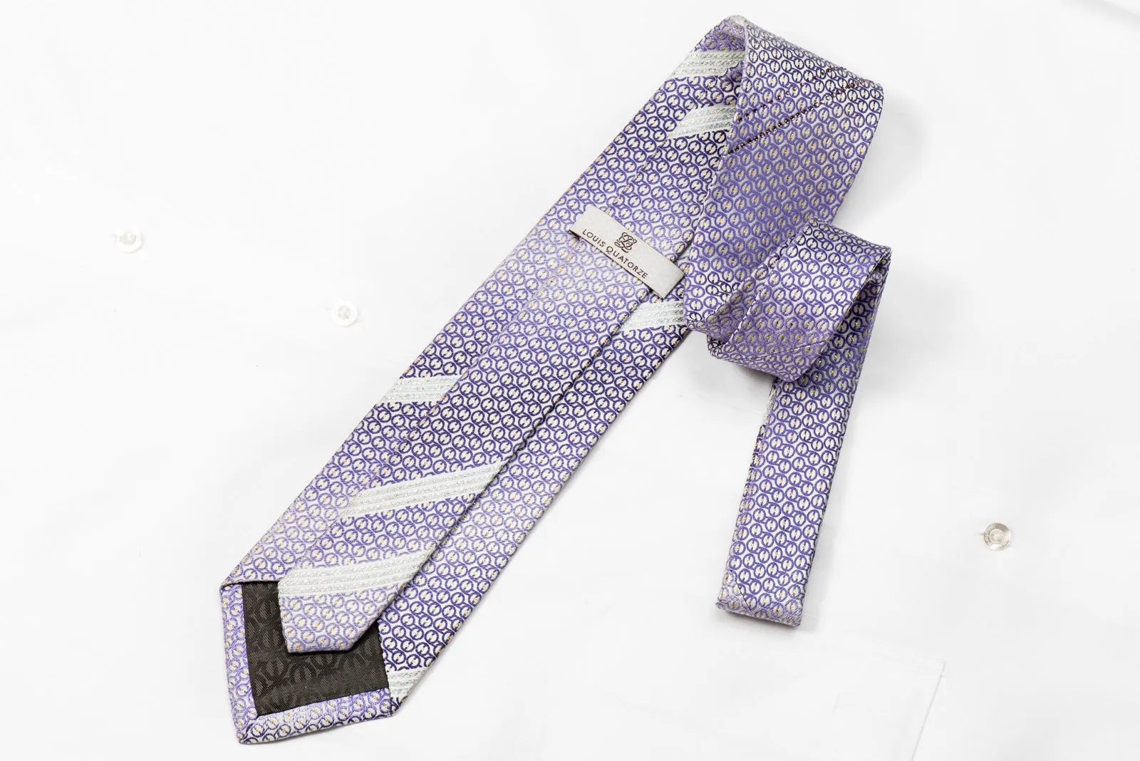 Louis Quatorze Men's Crystal Tie Purple Ovals On White Silk With Gold Sparkles