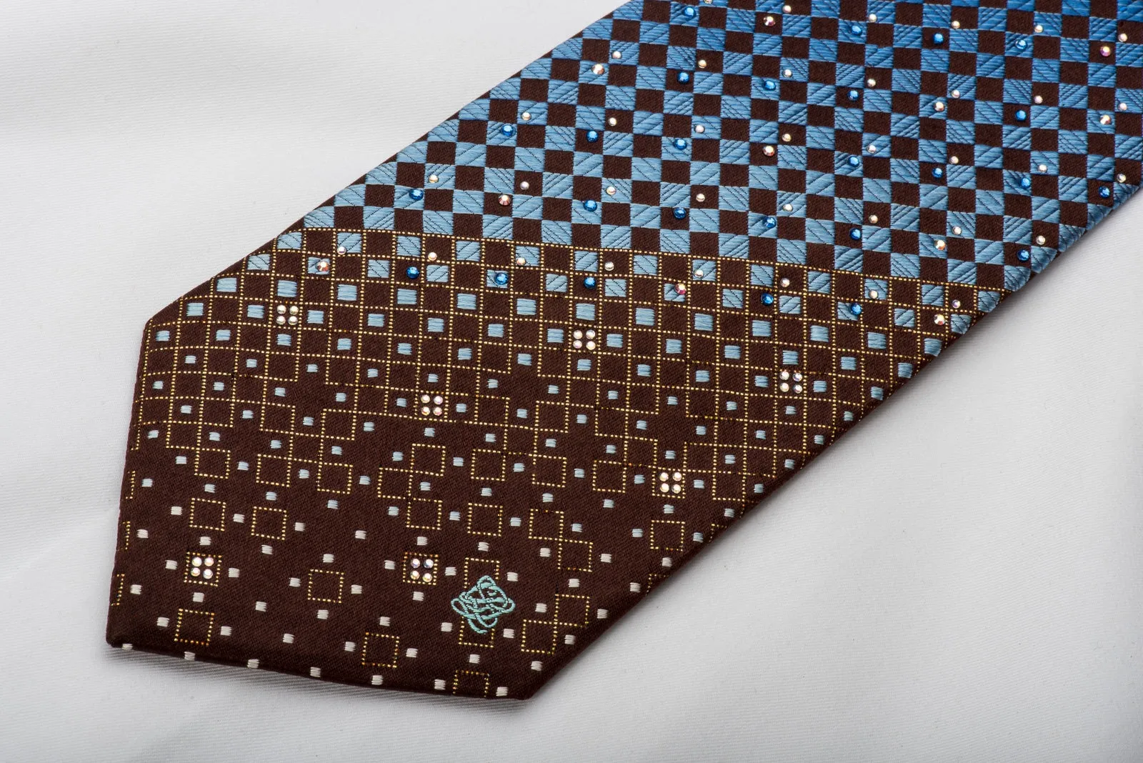 Louis Quatorze Rhinestone Necktie Blue Checker On Brown With Golden Sparkles