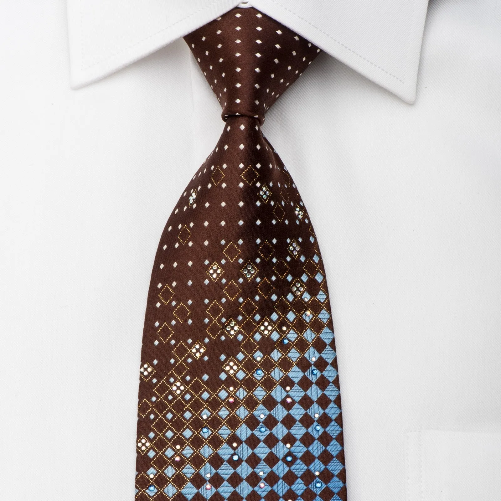 Louis Quatorze Rhinestone Necktie Blue Checker On Brown With Golden Sparkles