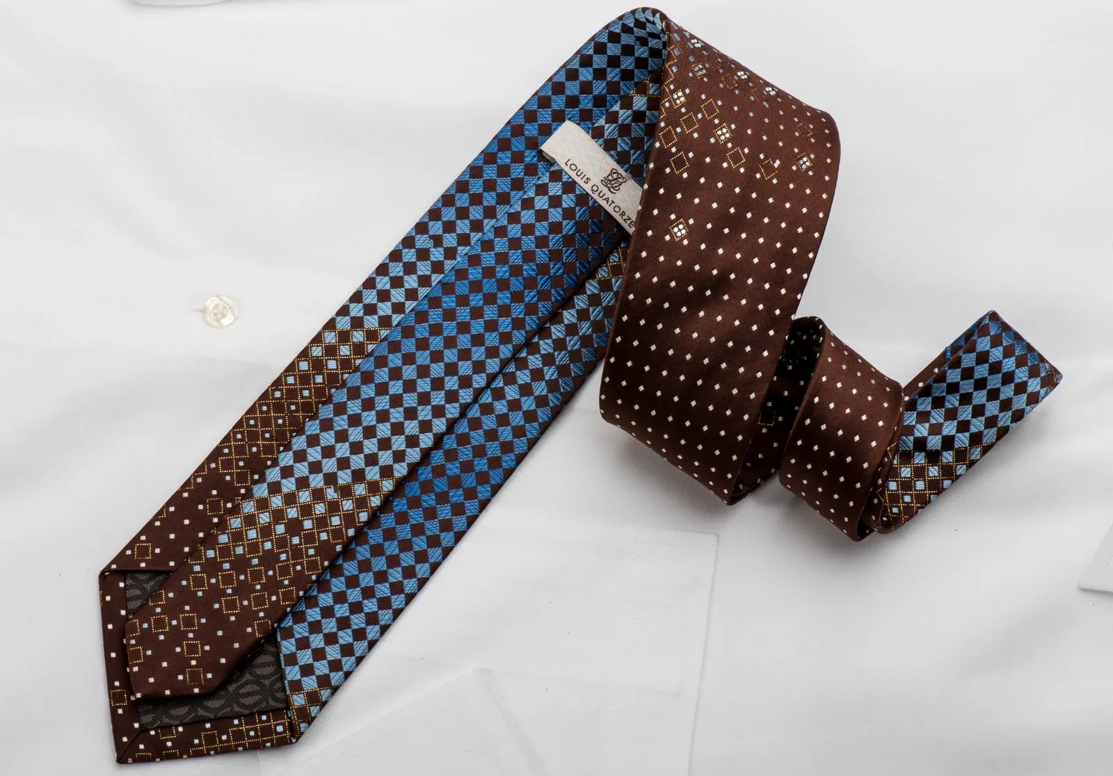 Louis Quatorze Rhinestone Necktie Blue Checker On Brown With Golden Sparkles