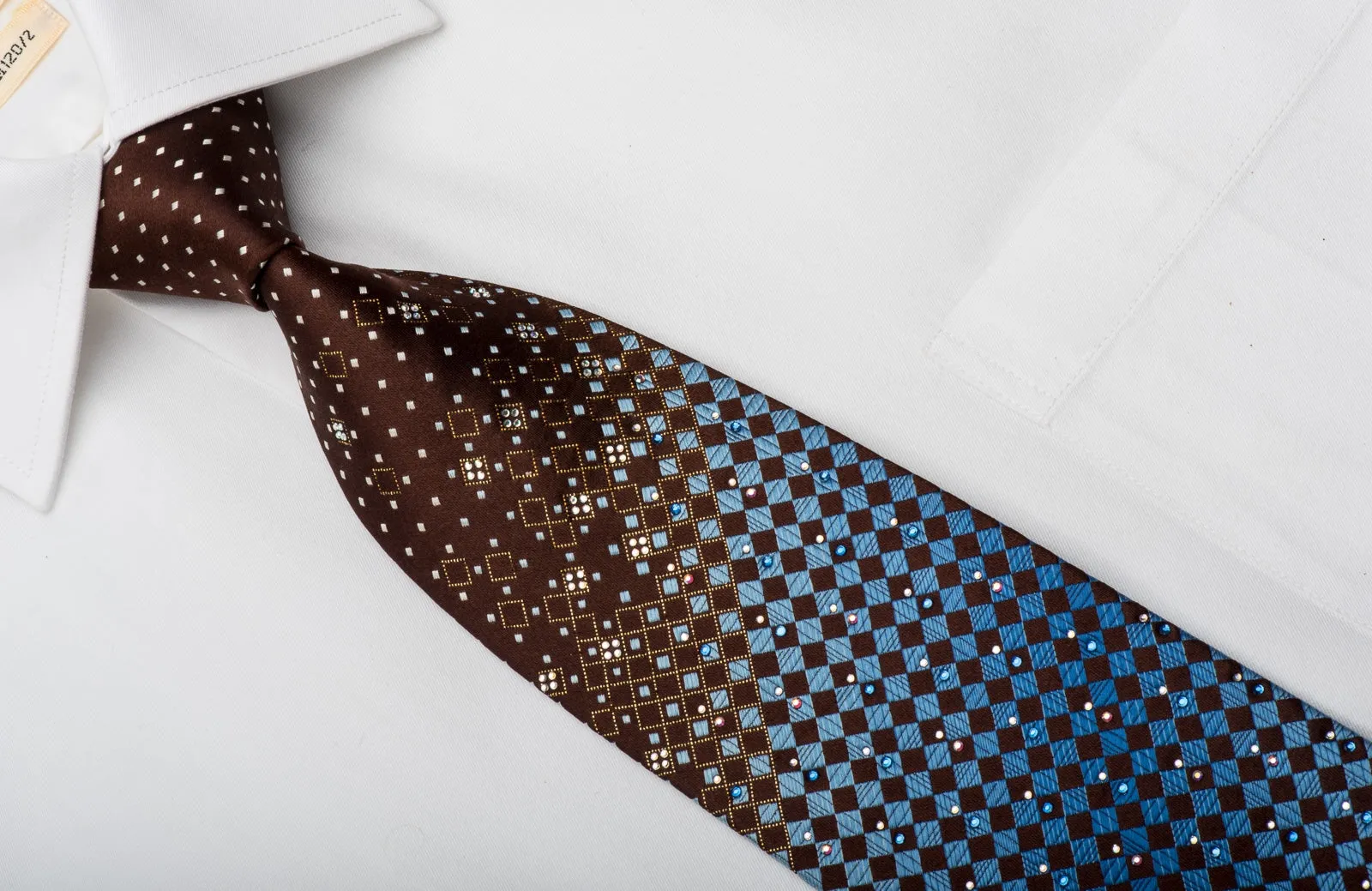 Louis Quatorze Rhinestone Necktie Blue Checker On Brown With Golden Sparkles