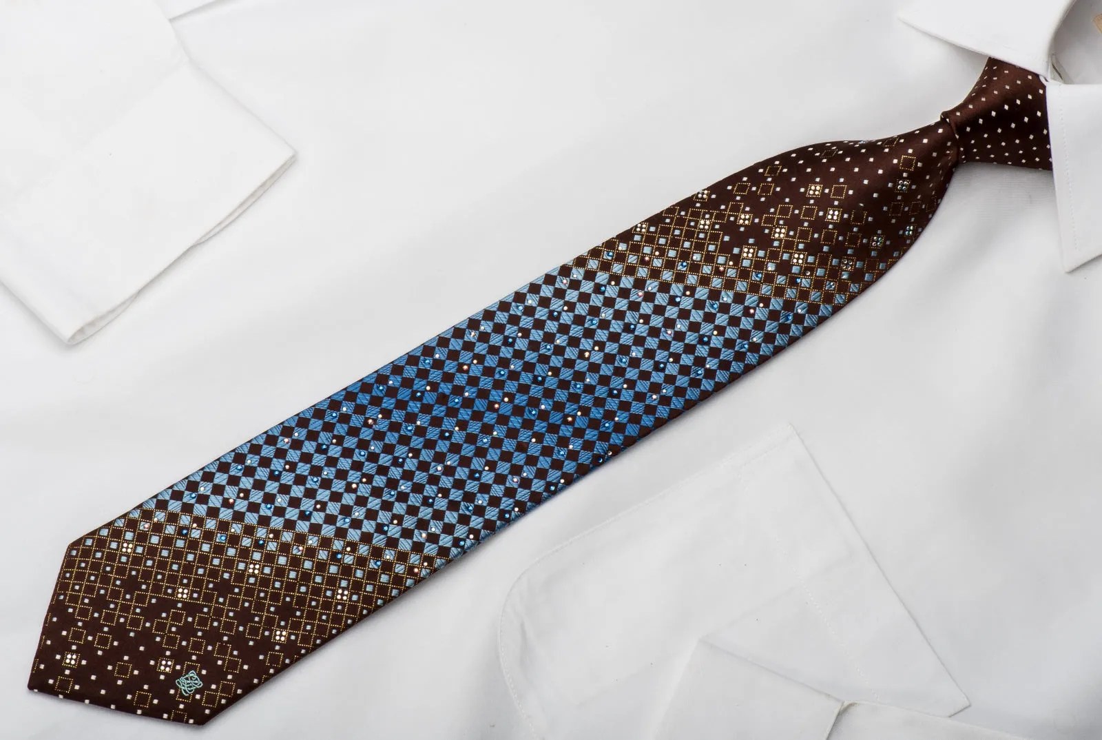 Louis Quatorze Rhinestone Necktie Blue Checker On Brown With Golden Sparkles