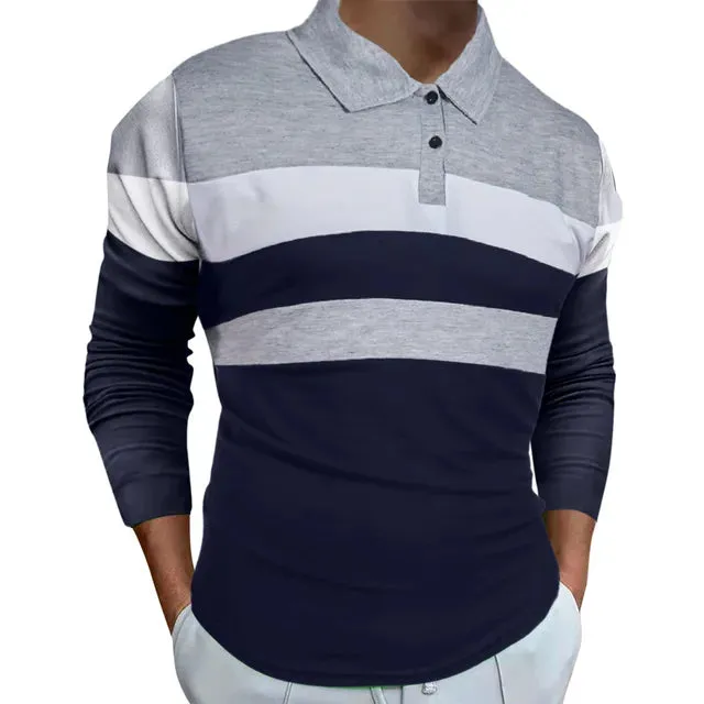 Men's Casual Patchwork Polo Long Sleeve Button-Down Shirt