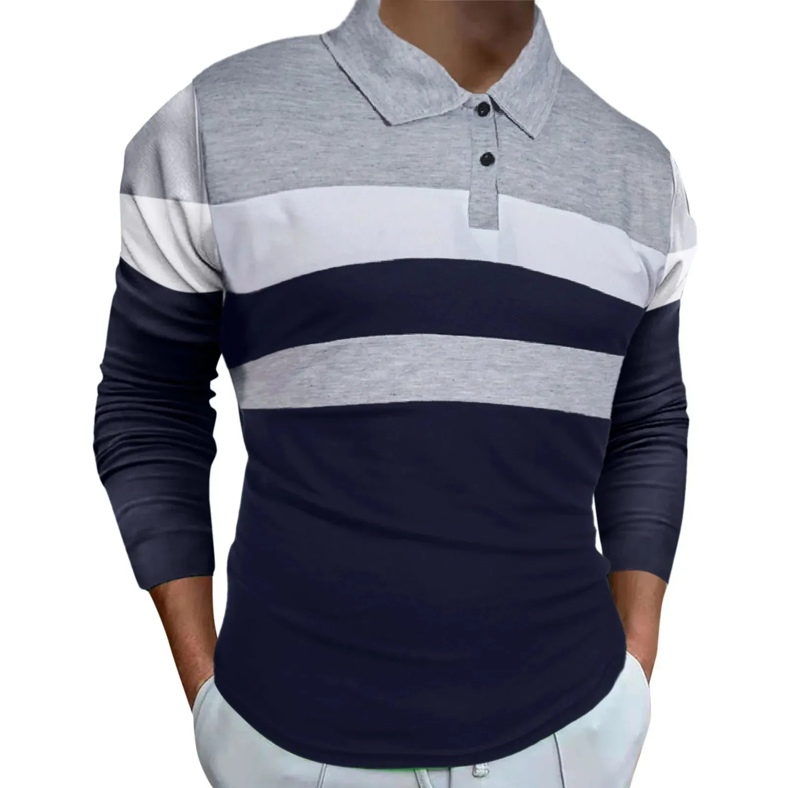 Men's Casual Patchwork Polo Long Sleeve Button-Down Shirt