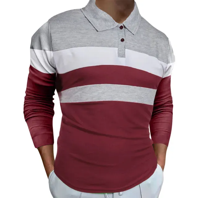 Men's Casual Patchwork Polo Long Sleeve Button-Down Shirt