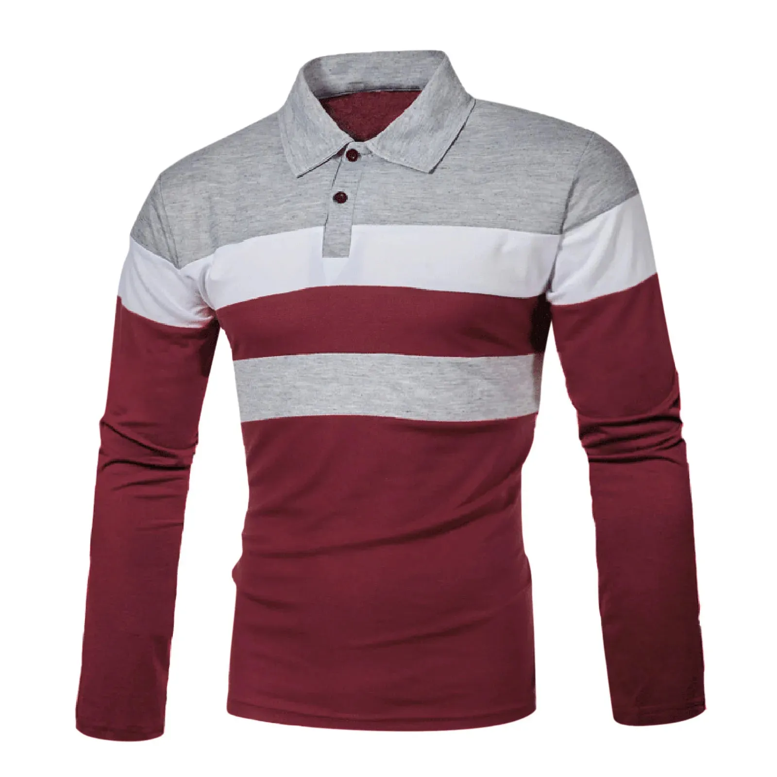 Men's Casual Patchwork Polo Long Sleeve Button-Down Shirt