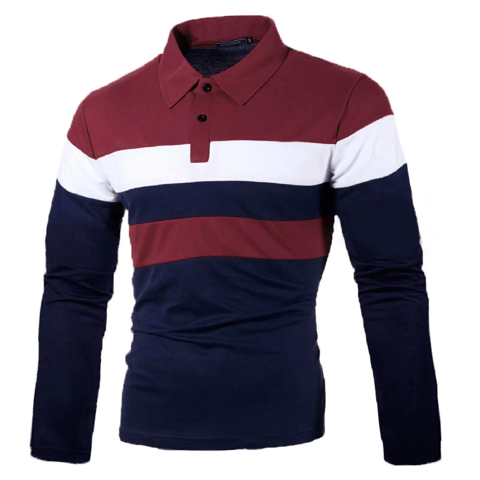 Men's Casual Patchwork Polo Long Sleeve Button-Down Shirt