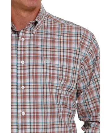 Men's Cinch White/Brown Long Sleeve Button Down Plaid Shirt