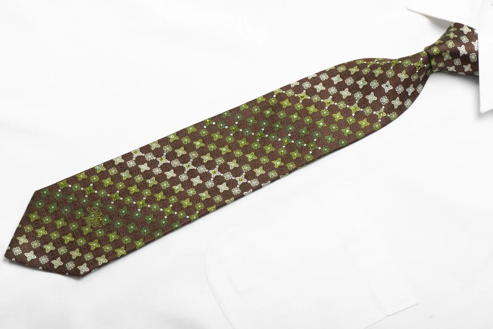 Men's Silk Tie Green Foulard On Brown Sparkling With Rhinestones