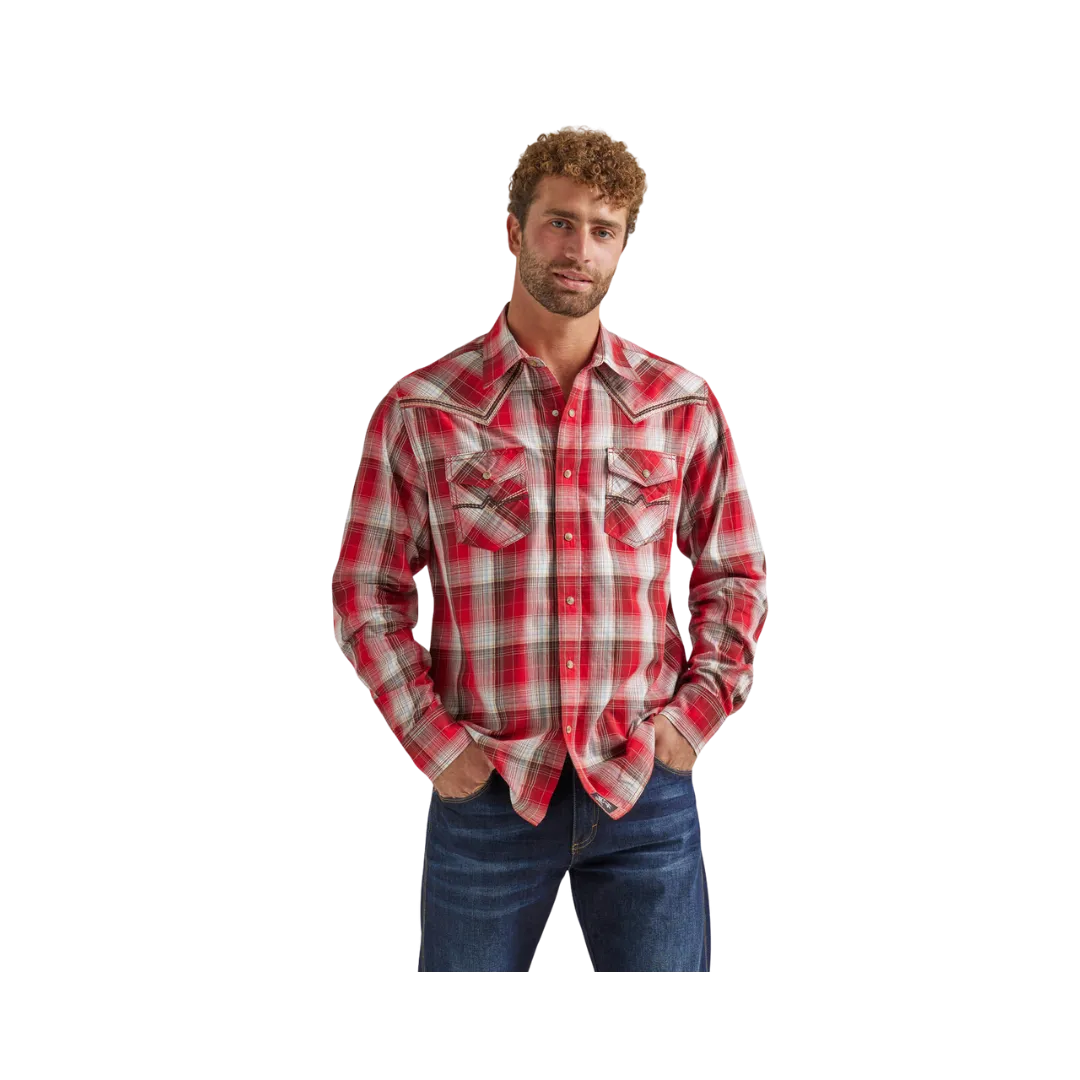 Men's Wrangler Rock 47 with Decorative Stitching in Red Apple Plaid Shirt