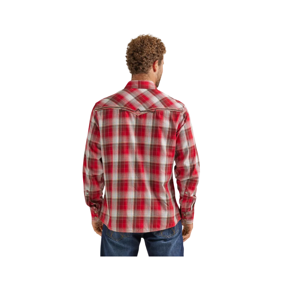 Men's Wrangler Rock 47 with Decorative Stitching in Red Apple Plaid Shirt