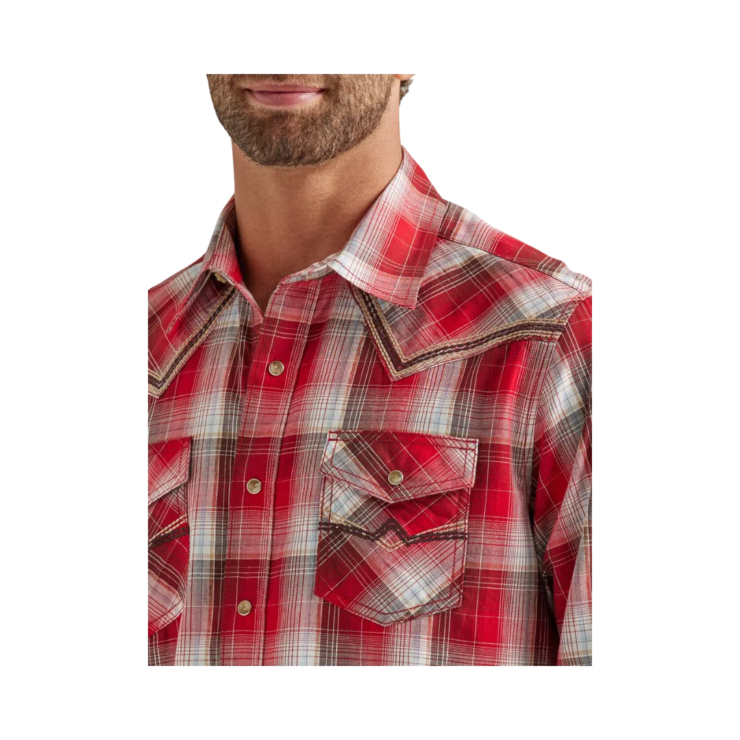 Men's Wrangler Rock 47 with Decorative Stitching in Red Apple Plaid Shirt