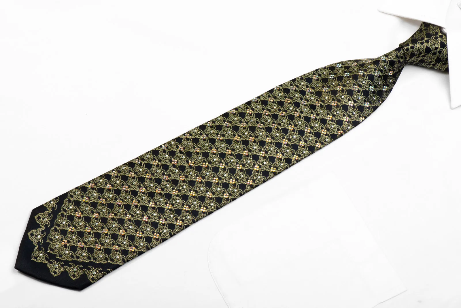 Mila Schon Rhinestone Silk Necktie Gold Cartouche On Black With Gold Sparkles