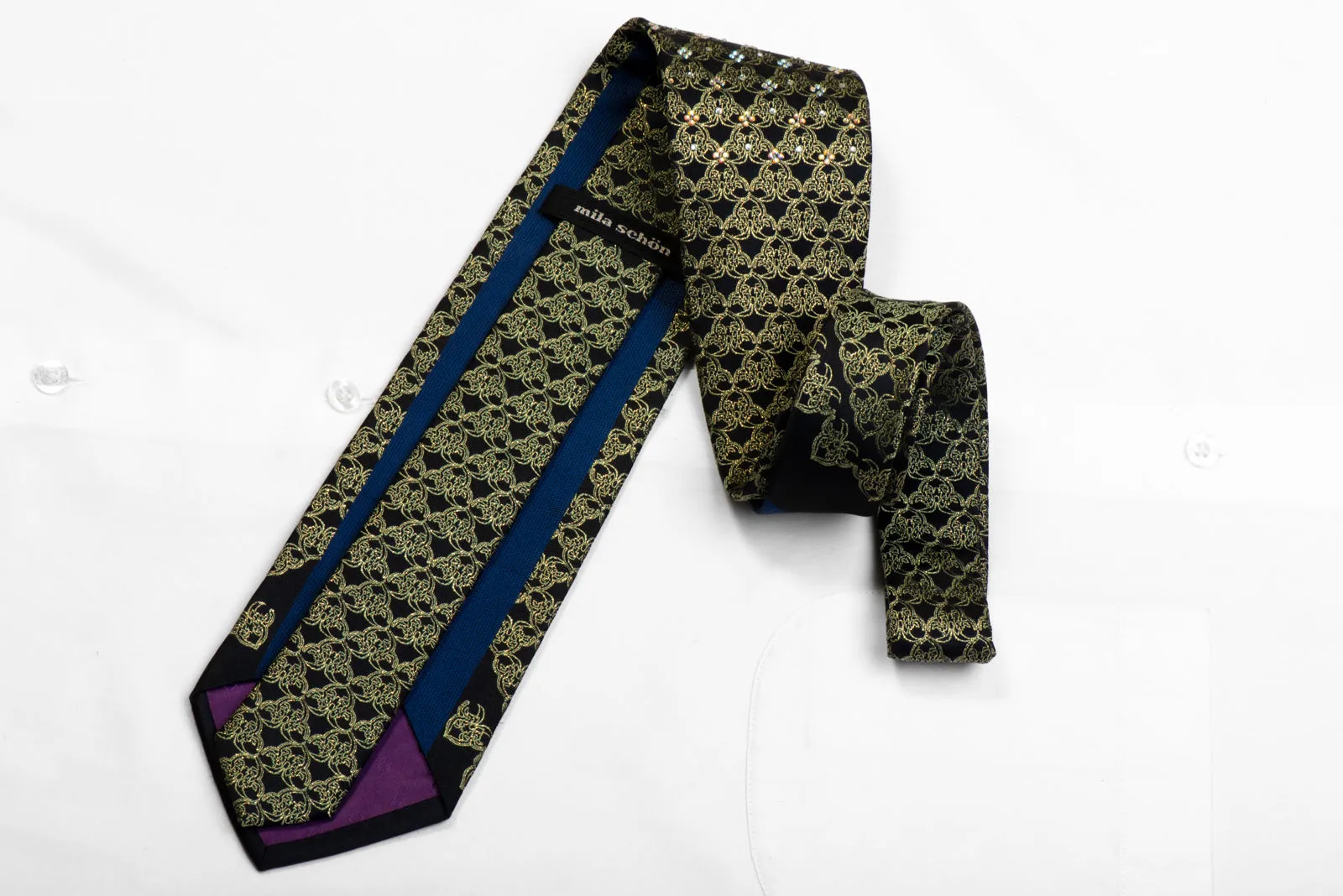 Mila Schon Rhinestone Silk Necktie Gold Cartouche On Black With Gold Sparkles