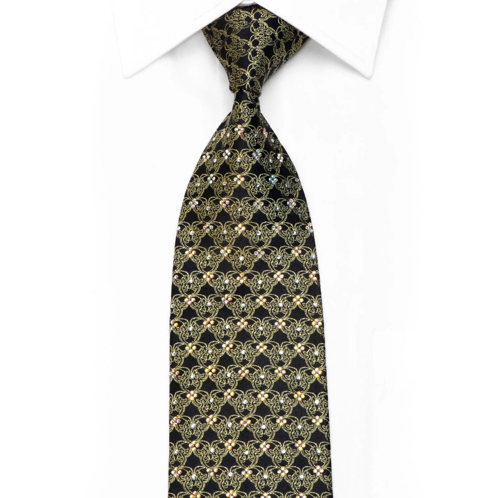 Mila Schon Rhinestone Silk Necktie Gold Cartouche On Black With Gold Sparkles