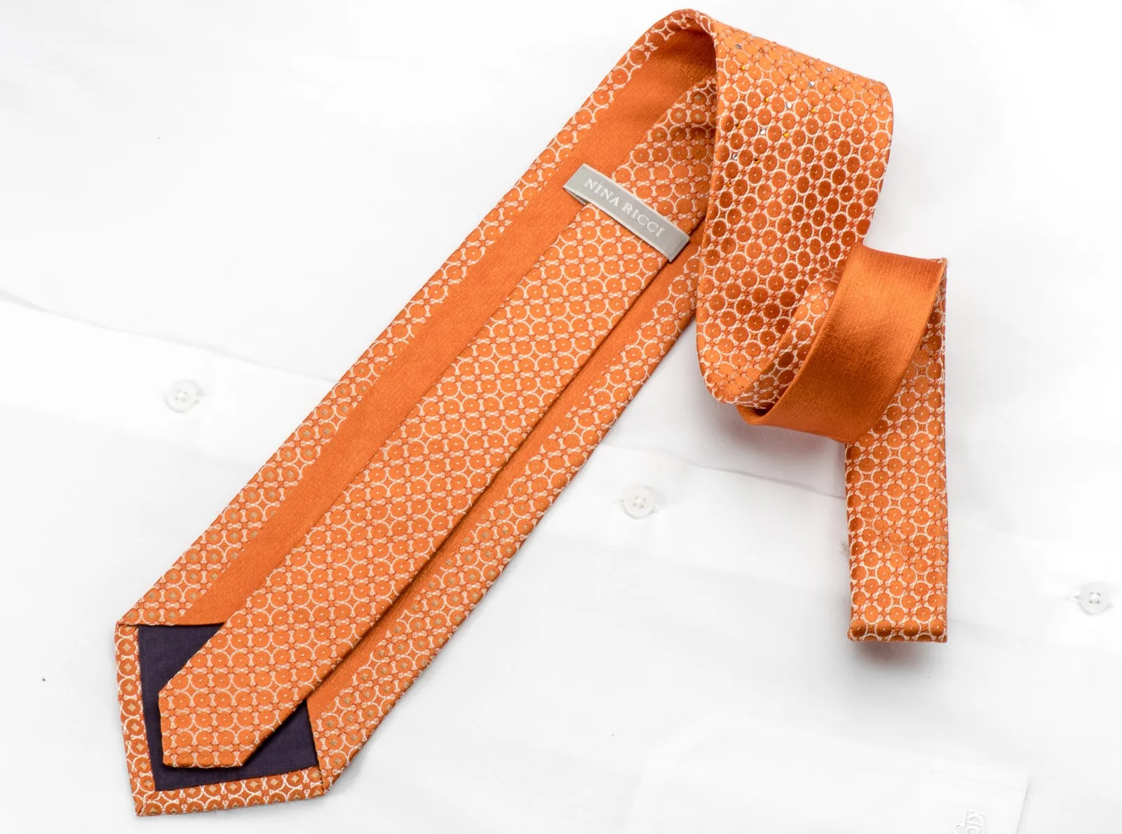 Nina Ricci Men's Silk Necktie Circles On Orange Sparkling With Crystal Rhinestones