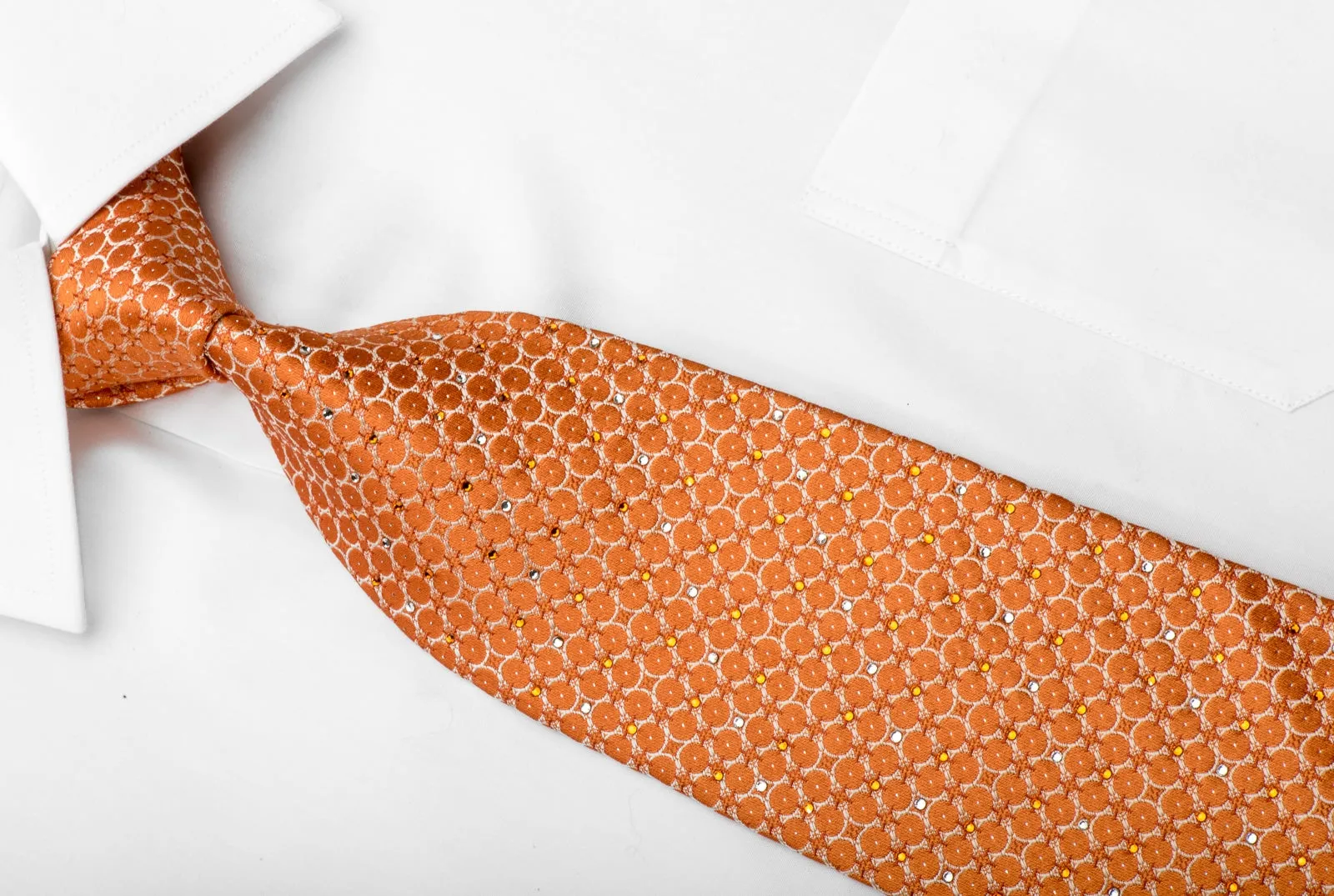 Nina Ricci Men's Silk Necktie Circles On Orange Sparkling With Crystal Rhinestones