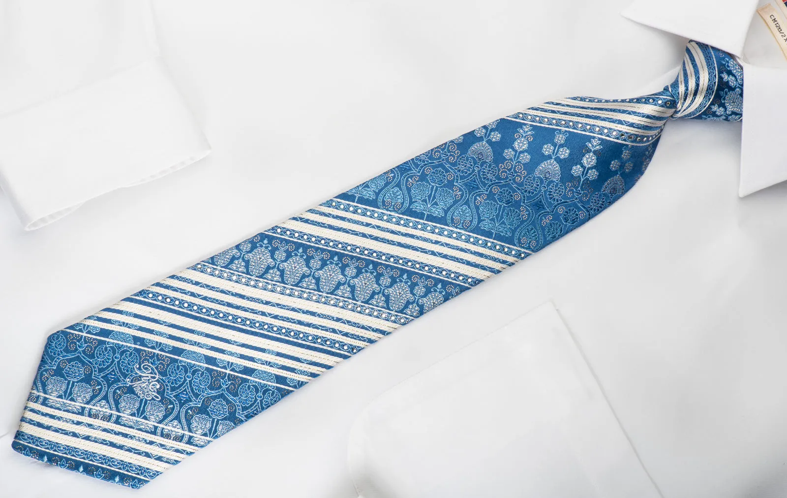 Nina Ricci Rhinestone Silk Necktie White Striped On Blue With Gold Sparkles